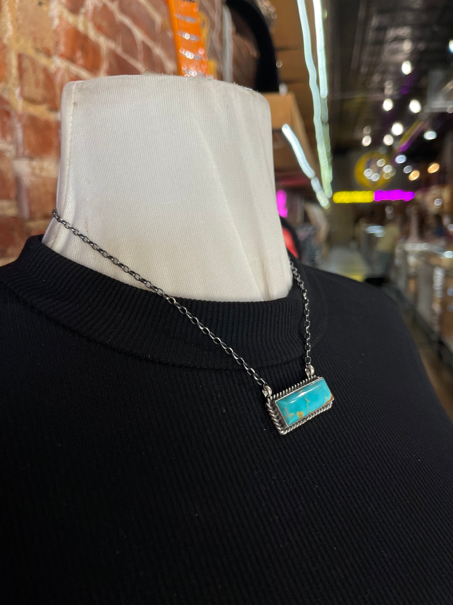 16" Blue Kingman Turquoise Bar Necklace by Johnny Dixon, Navajo