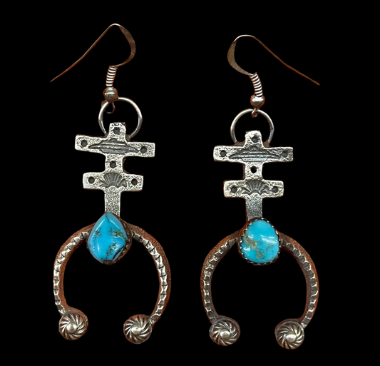 Kingman Turquoise Naja Dangle Earrings by Kevin Billah, Navajo