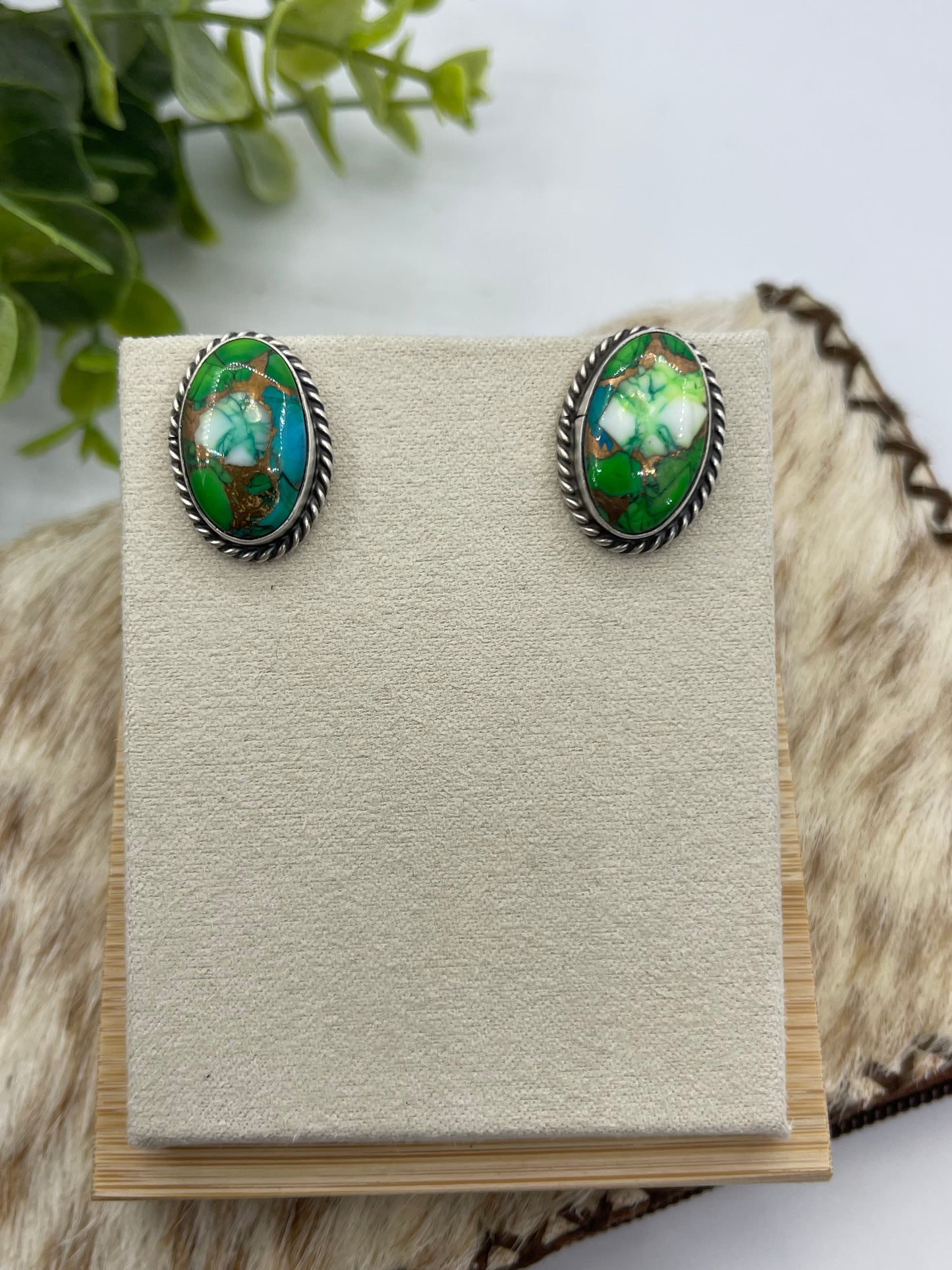 Peacock Dahlia Oval Post Earrings by Chassity Belone, Navajo