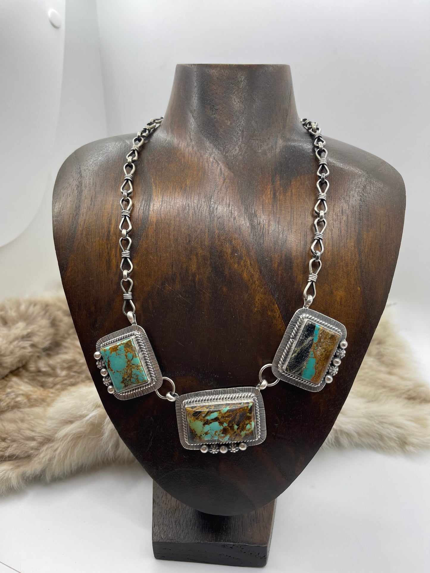 18" Blackjack Turquoise 3 Stone Necklace by Lyle Piaso, Navajo
