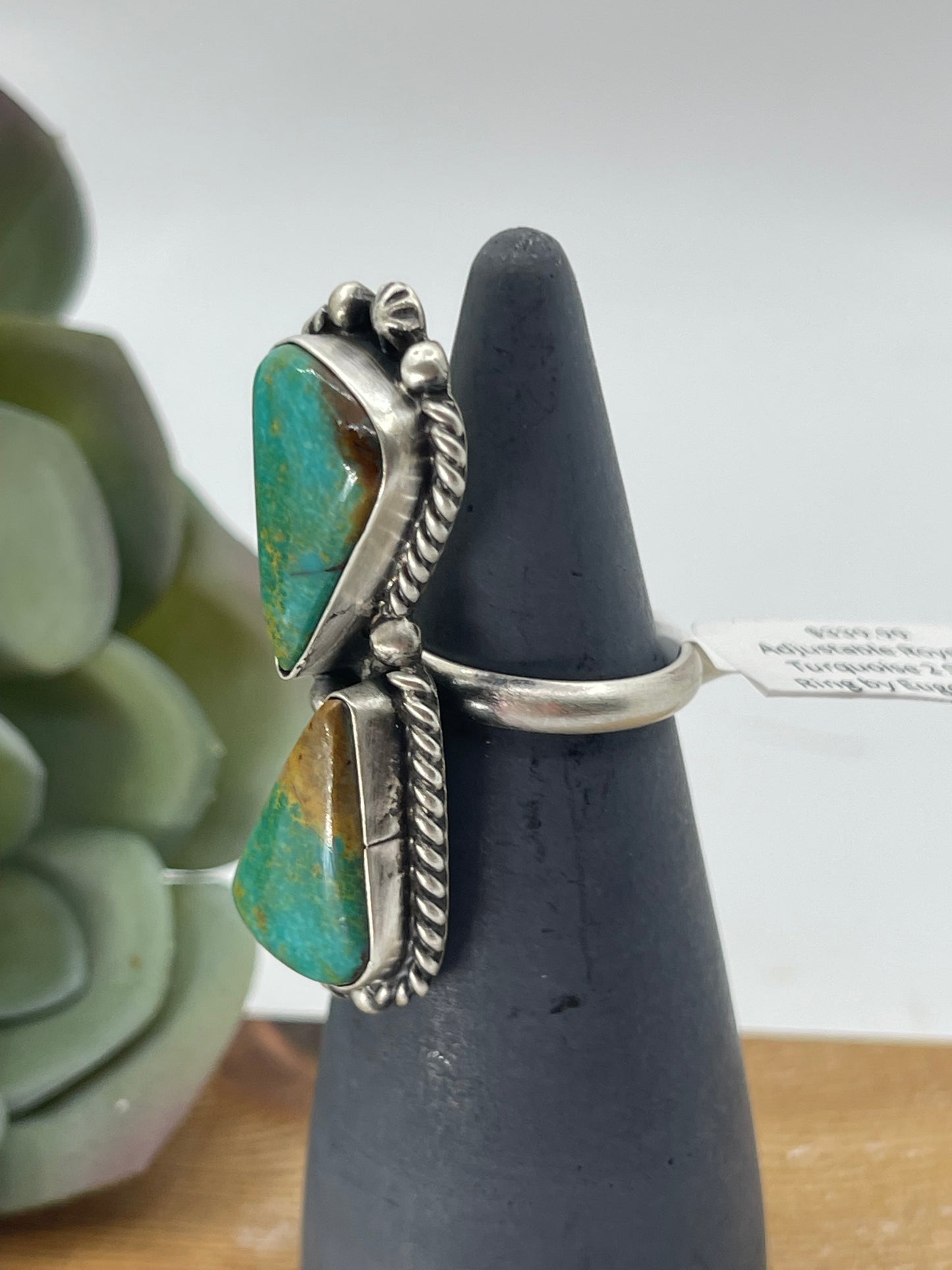 Adjustable Royston Turquoise 2 Stone Ring by Eugene Belone, Navajo