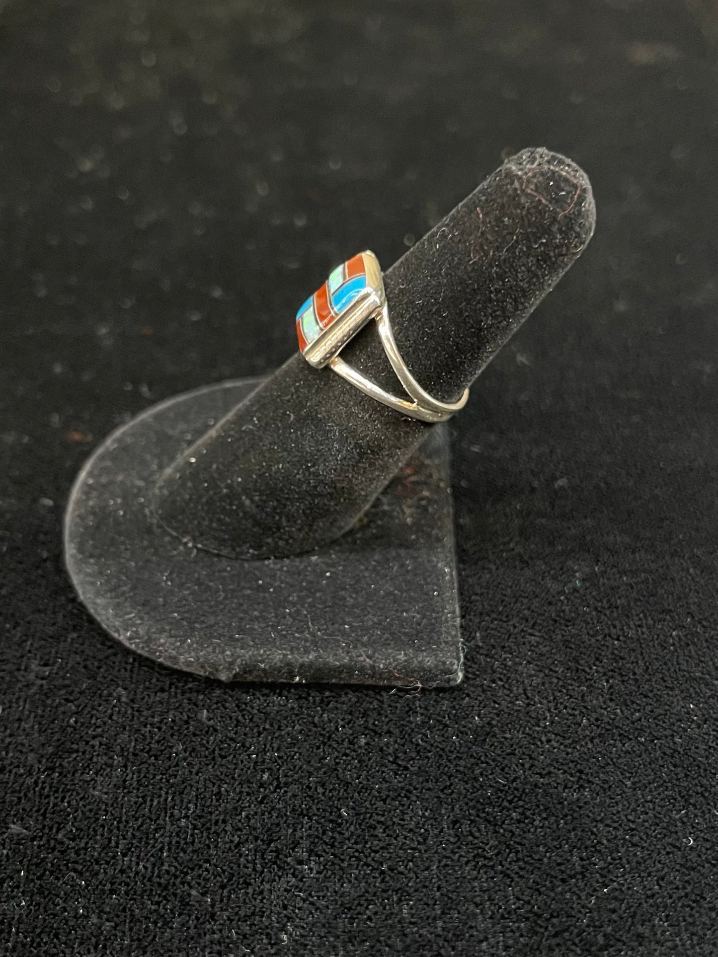 Sleeping Beauty Turquoise, Red Coral, and Fire Roasted White Opal Inlay Ring