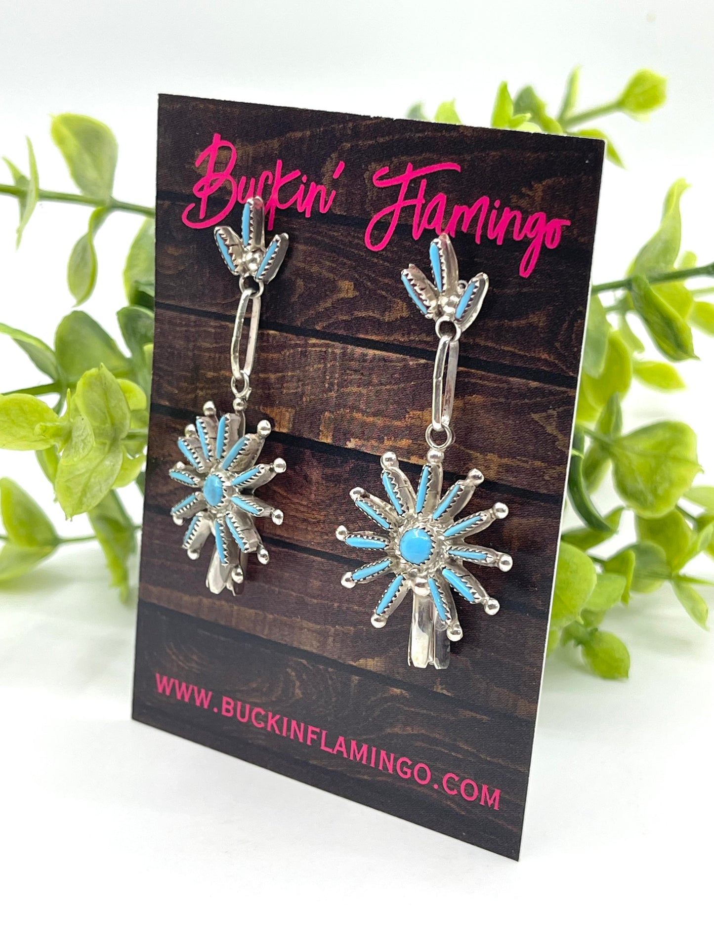 Zuni Needlepoint Turquoise with Star Blossom Dangle Earrings by Rena Cachini, Zuni
