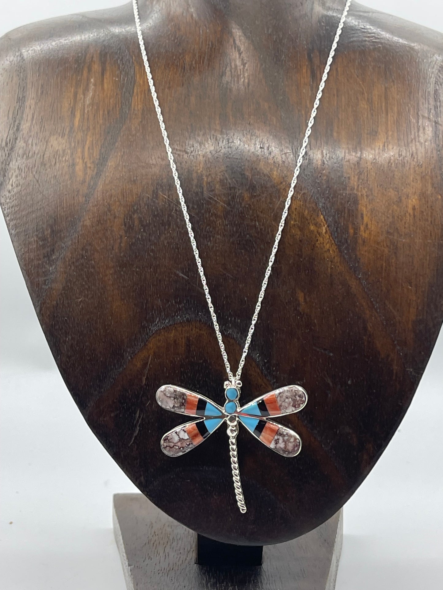 18" Wild Horse, Turquoise, Orange Spiny, and Black Onyx Dragonfly Pin/Pendant Combo Necklace by Angus Ahiyite, Zuni