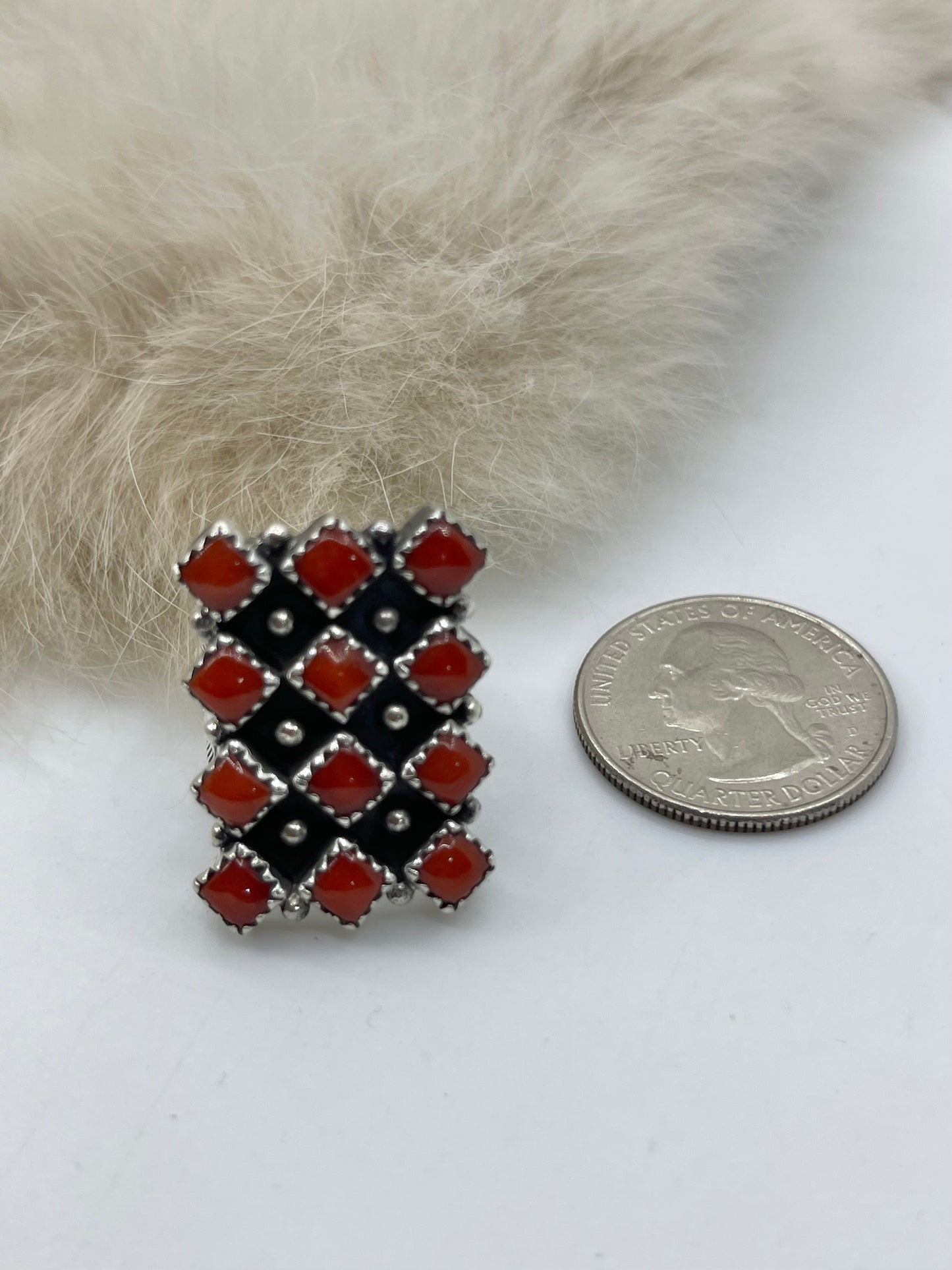 5.0 Red Coral 12 Stone Ring by Verley Betone, Navajo
