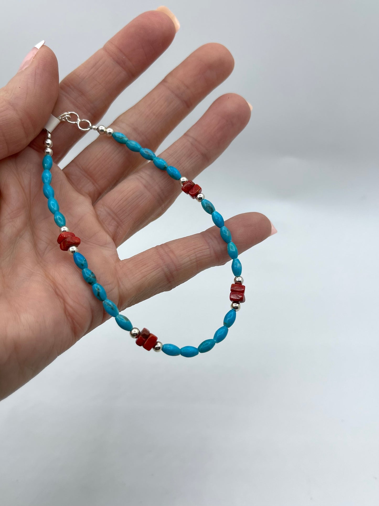7" Turquoise and Coral Beaded Bracelet