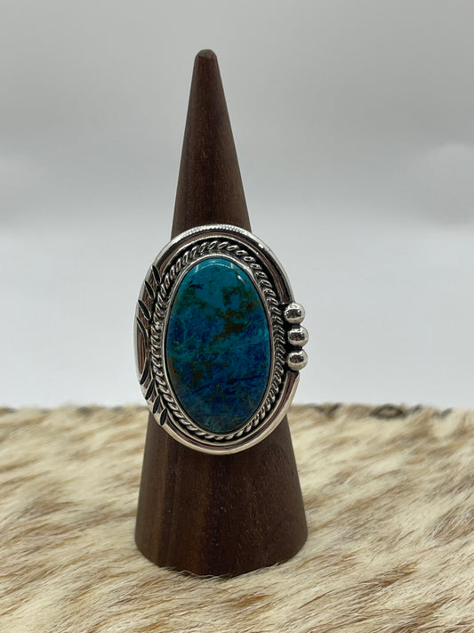9.0 Oval Chrysocolla Ring by Ray Tom, Navajo