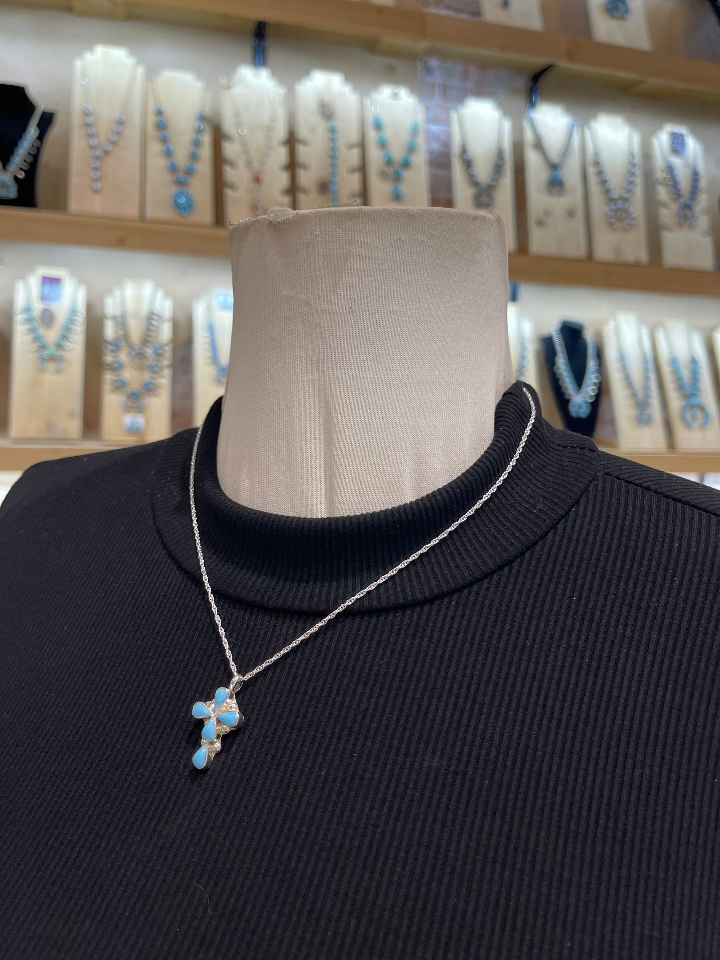 18" Chain with 5 Stone Turquoise Cross Pendant 3.5mm Bale by Pino Yunie, Zuni