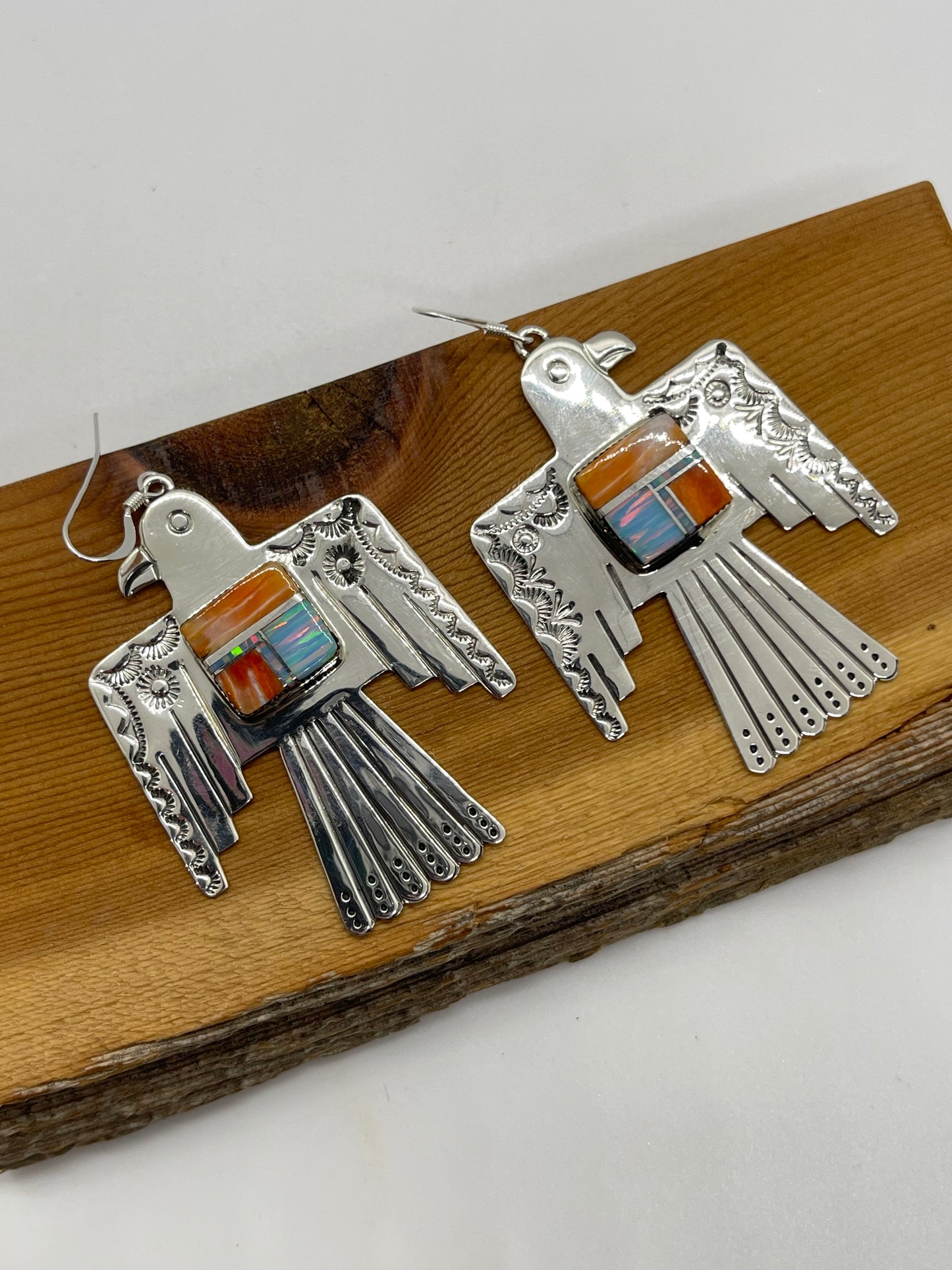 Orange Spiny and White Opal Thunderbird Dangle Earrings by Bobby Platero, Navajo