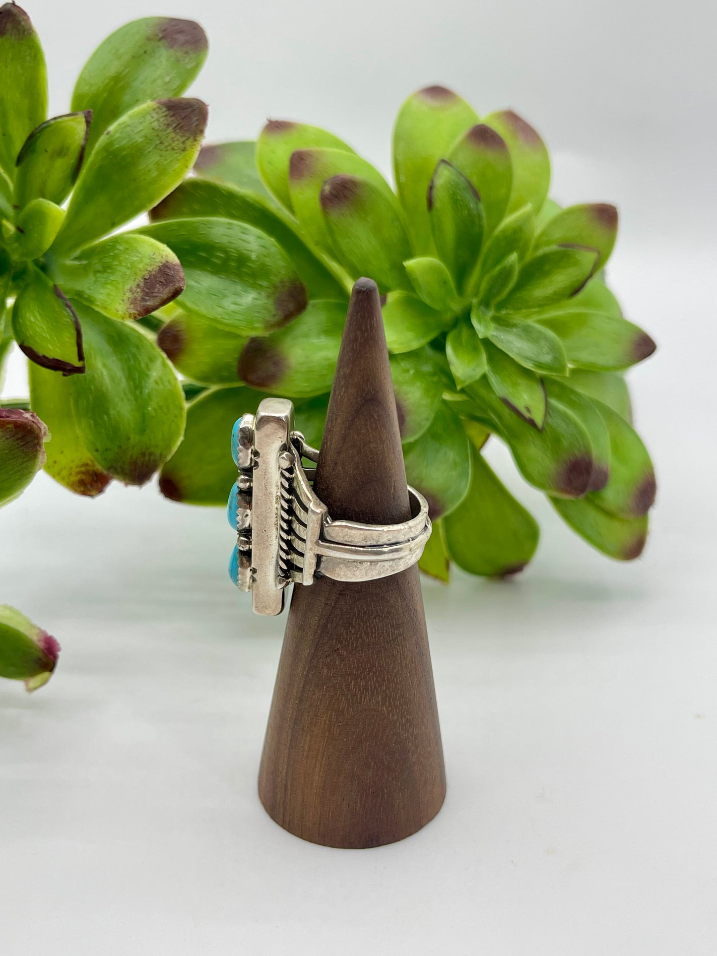 5.5 Sleeping Beauty Turquoise Oval Inlay Ring By Russel Sam Navajo