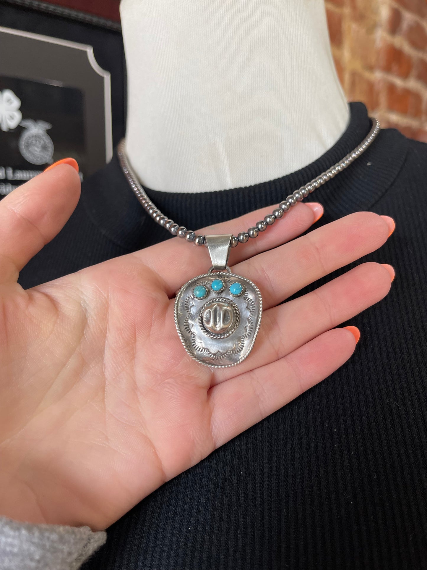 Cowboy Hat Pendant by Bobby Plateno, Navajo, with 18" 4 mm Navajo Pearls