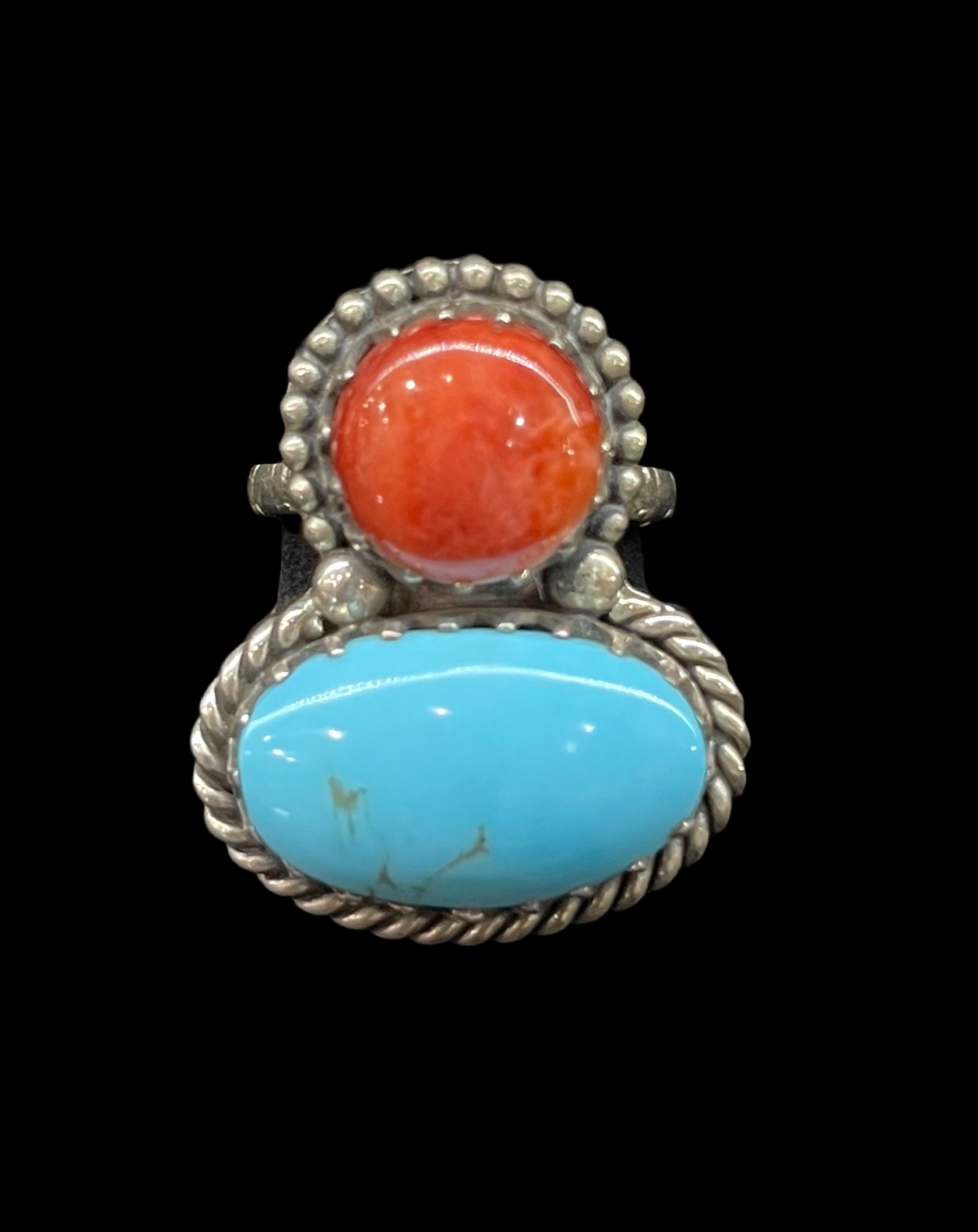 Turquoise and Red Spiny Oyster Shell Ring by Kevin Nez, Navajo