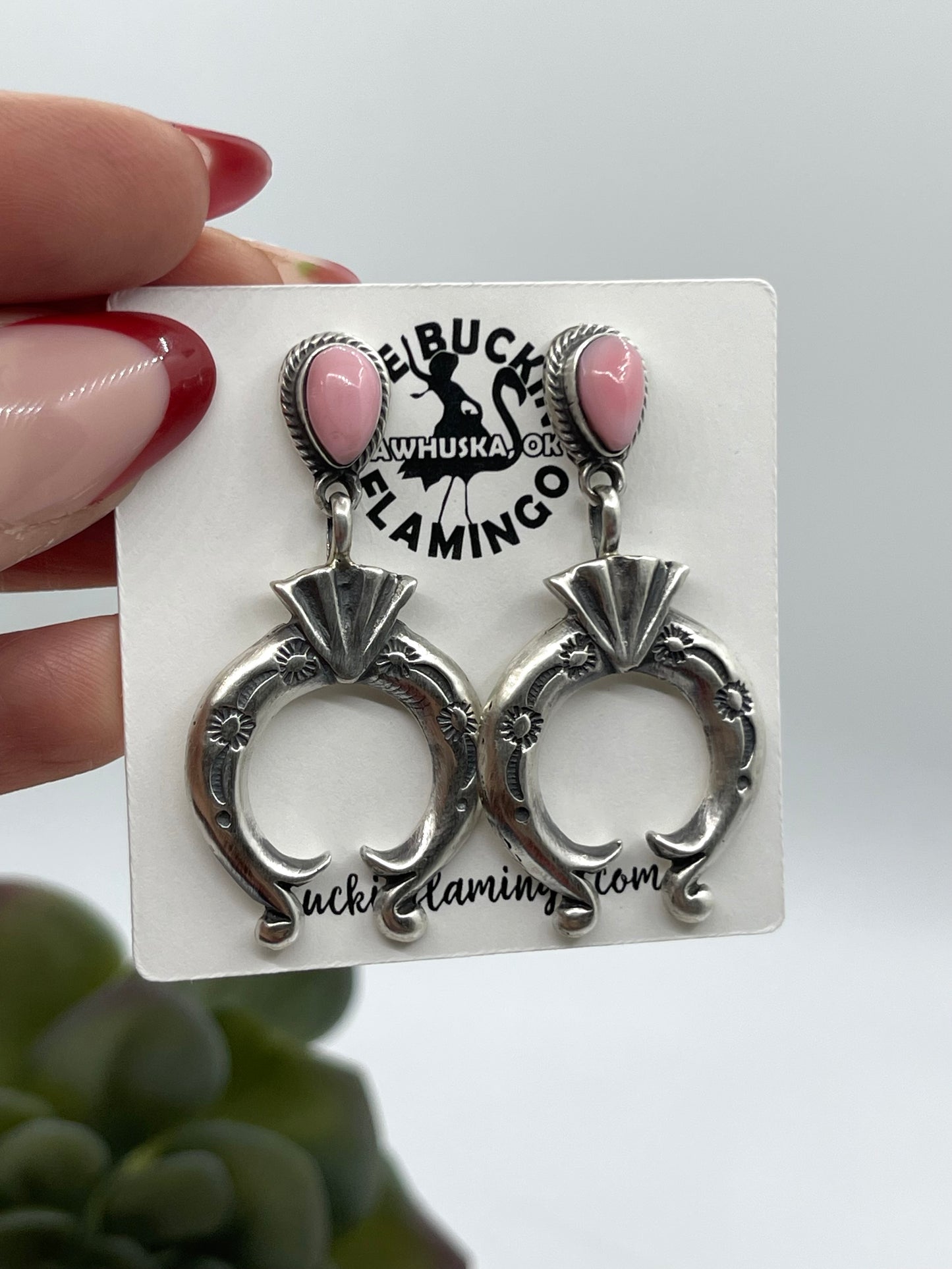 Pink Conch Shell Naja Post Dangle Earrings by Elaine Tahe, Navajo