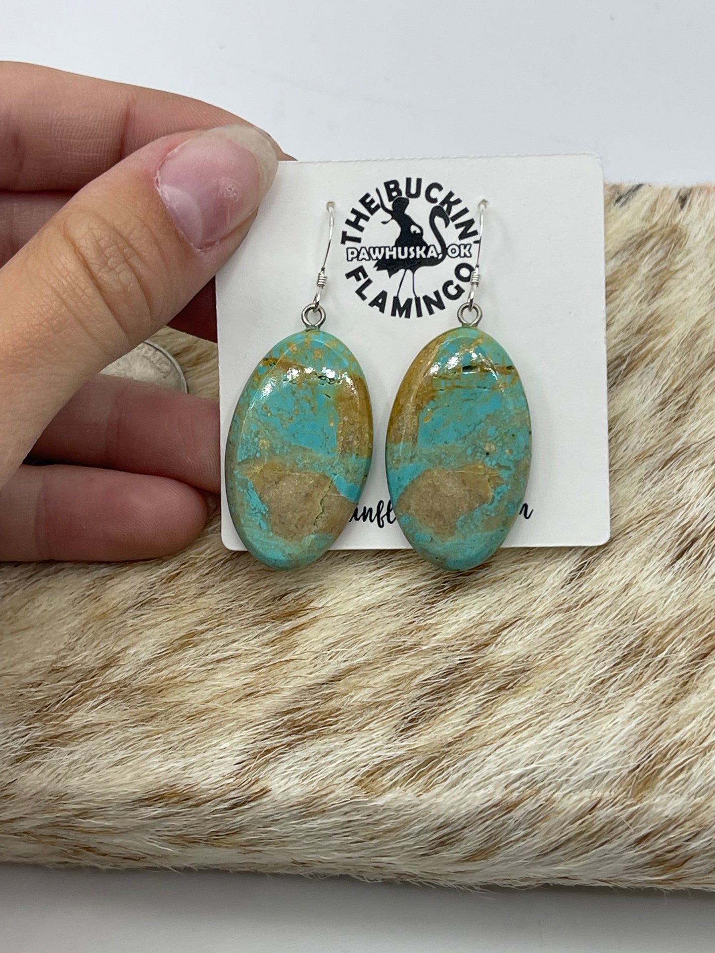 Turquoise Oval Rounded Edged Slab Dangle Earrings, Santo Domingo