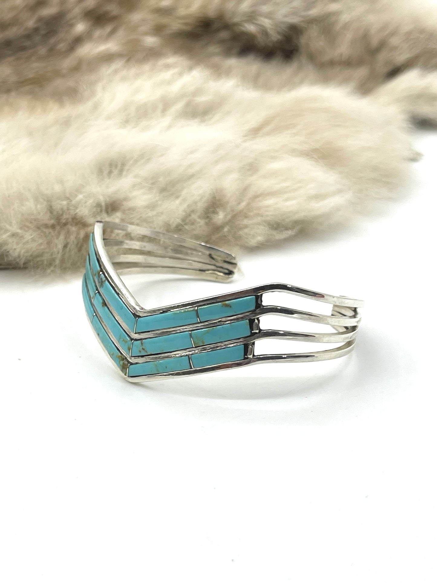 6.25" 3 Row Turquoise Inlay Chevron Cuff by Jamie Johnson, Navajo