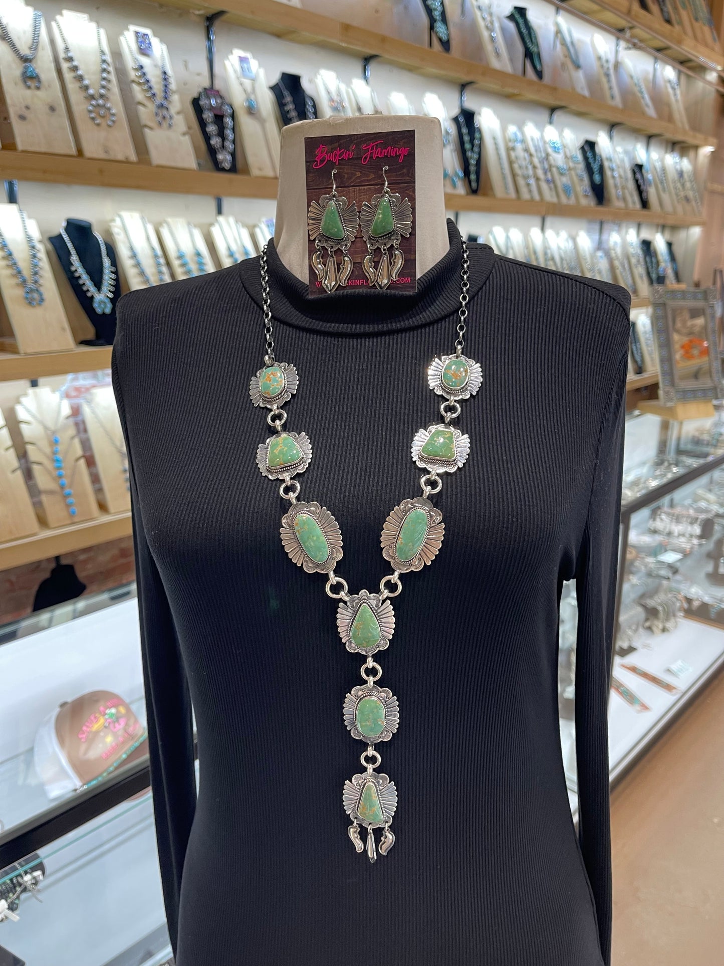 Royston Turquoise 20” + 6” Lariat Necklace & Earring Set by Delayne Reeves, Navajo