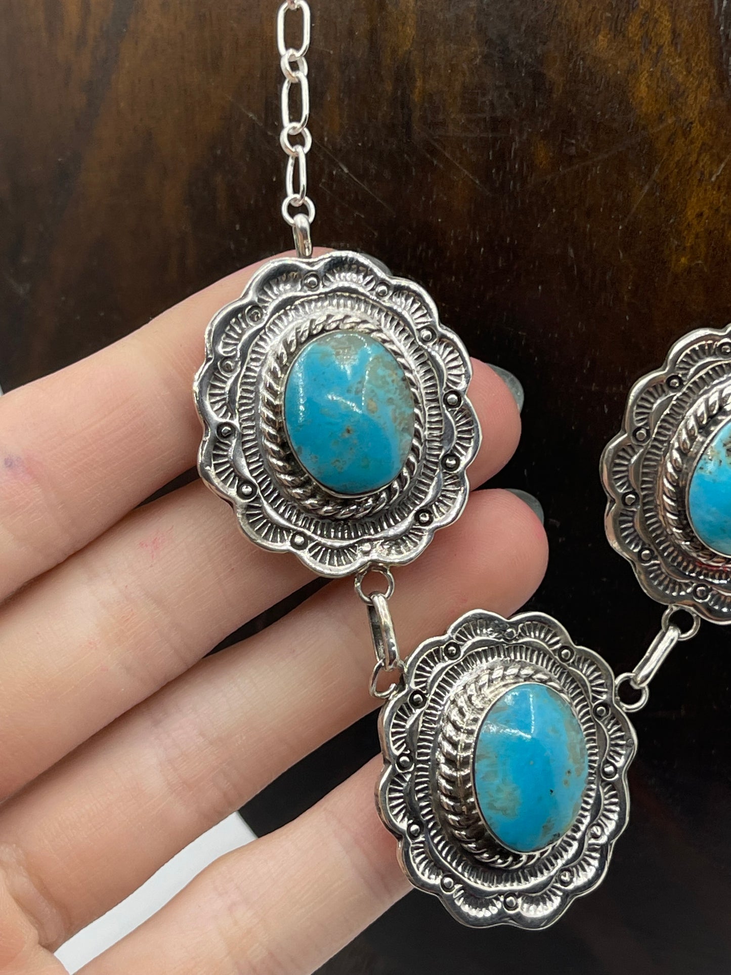 16" 3 Stone Turquoise Concho Necklace by Gwendolyn Burnside, Navajo