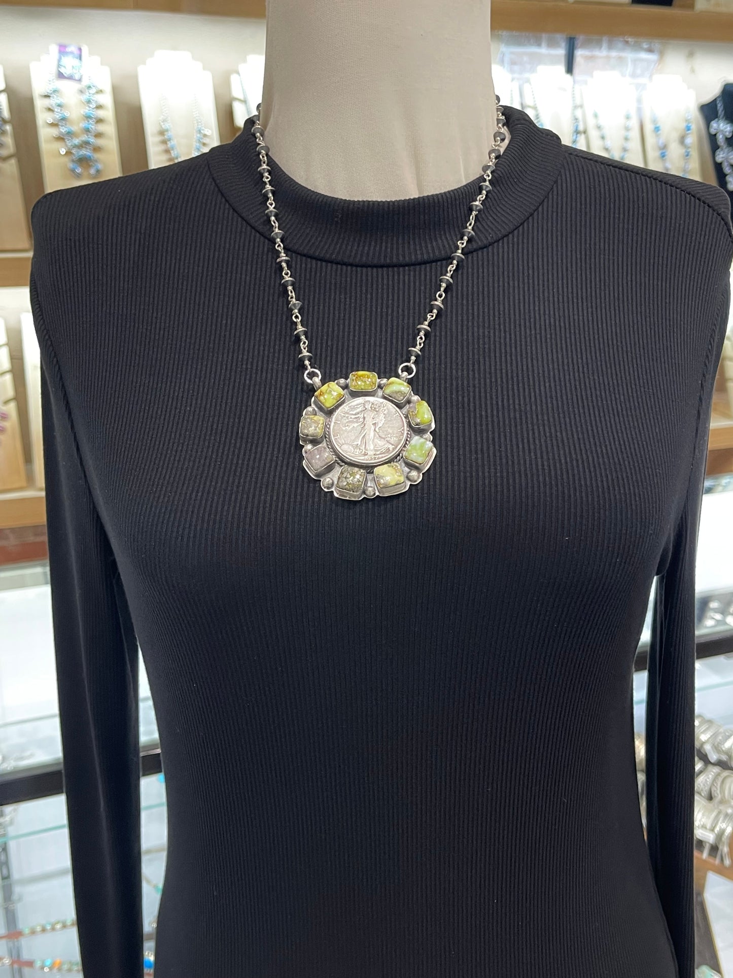 19" 1937 Half Silver Dollar Palomino Turquoise Necklace