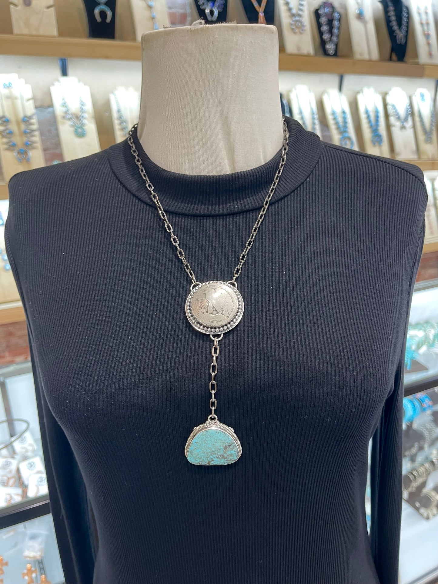 20"+5" Drop Turquoise and Half Dollar Necklace by Gilbert Nez, Navajo
