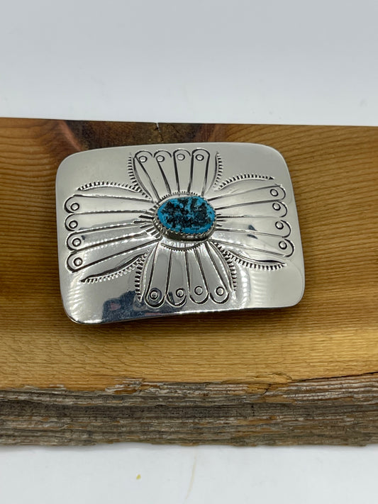 LOT 82 8/23 Small Silver Stamped Belt Buckle with Turquoise Stone by Jolene Begay, Navajo