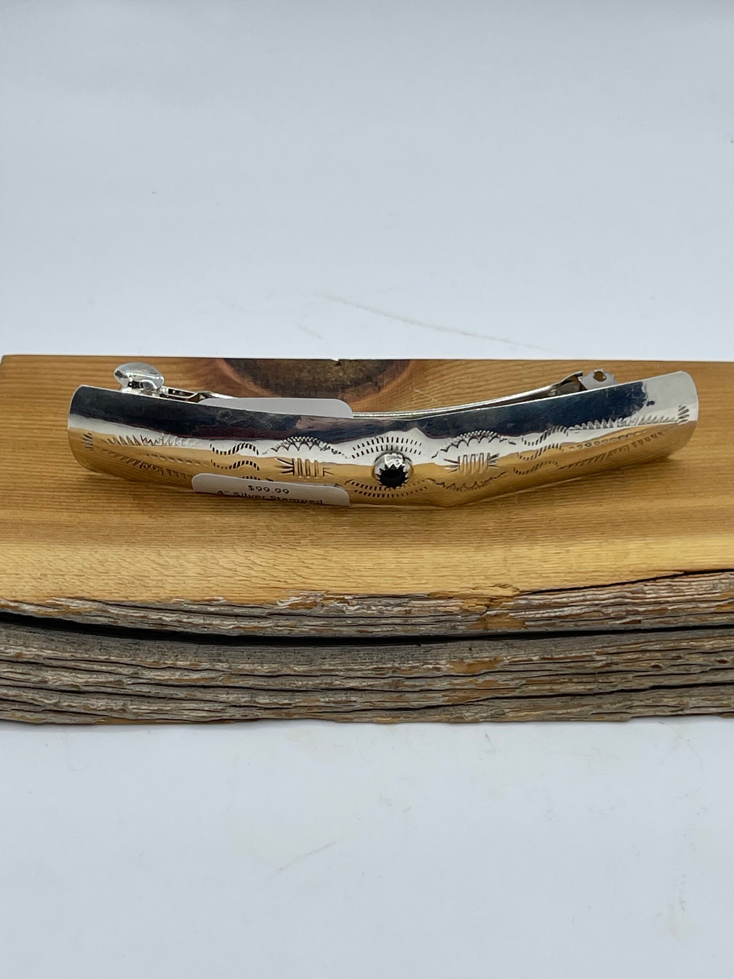 4" Silver Stamped Hair Barrette with Black Onyx, Navajo