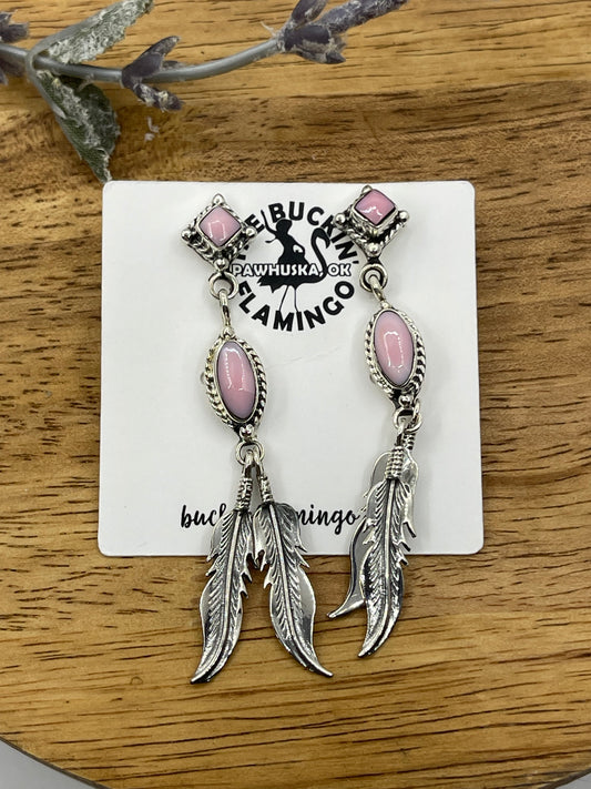 Pink Conch Shell Double Feather Dangle Post Earrings by Sadie Jim, Navajo