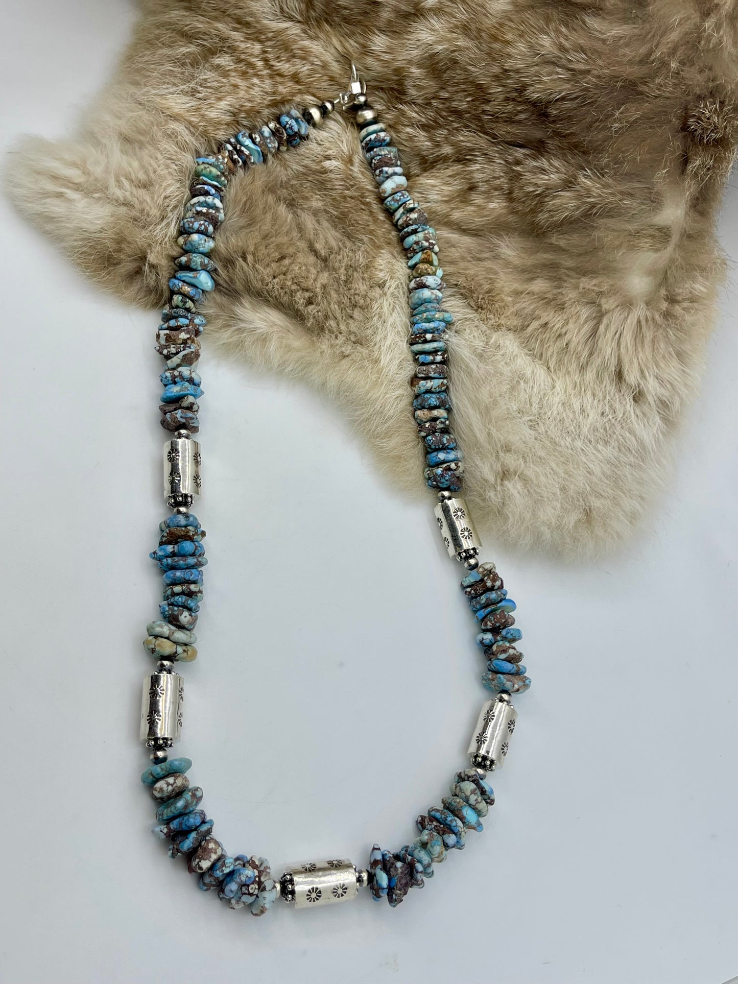 26" Natural Chunky Golden Hills Turquoise with Silver Barrel Beads