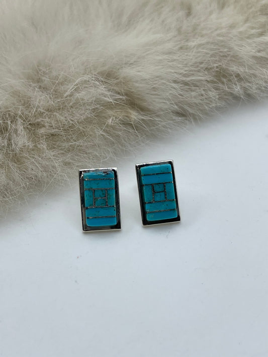 Inlay Turquoise Rectangle Post Earrings by Janelle Shebola, Zuni