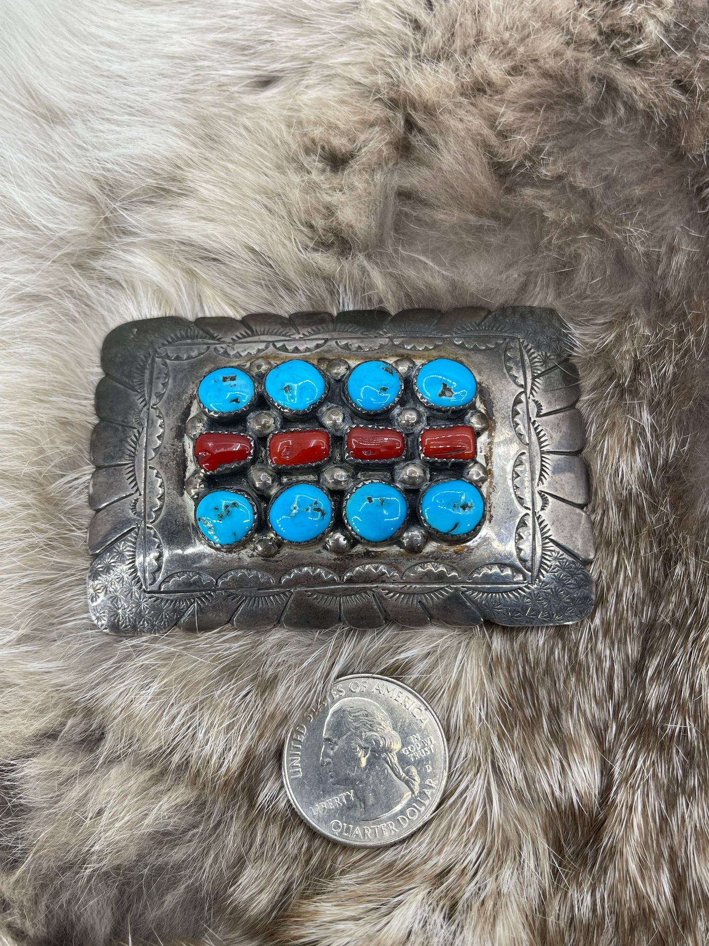 12 Stone Stamped Turquoise & Red Coral Belt Buckle by Robert Patricia, Navajo
