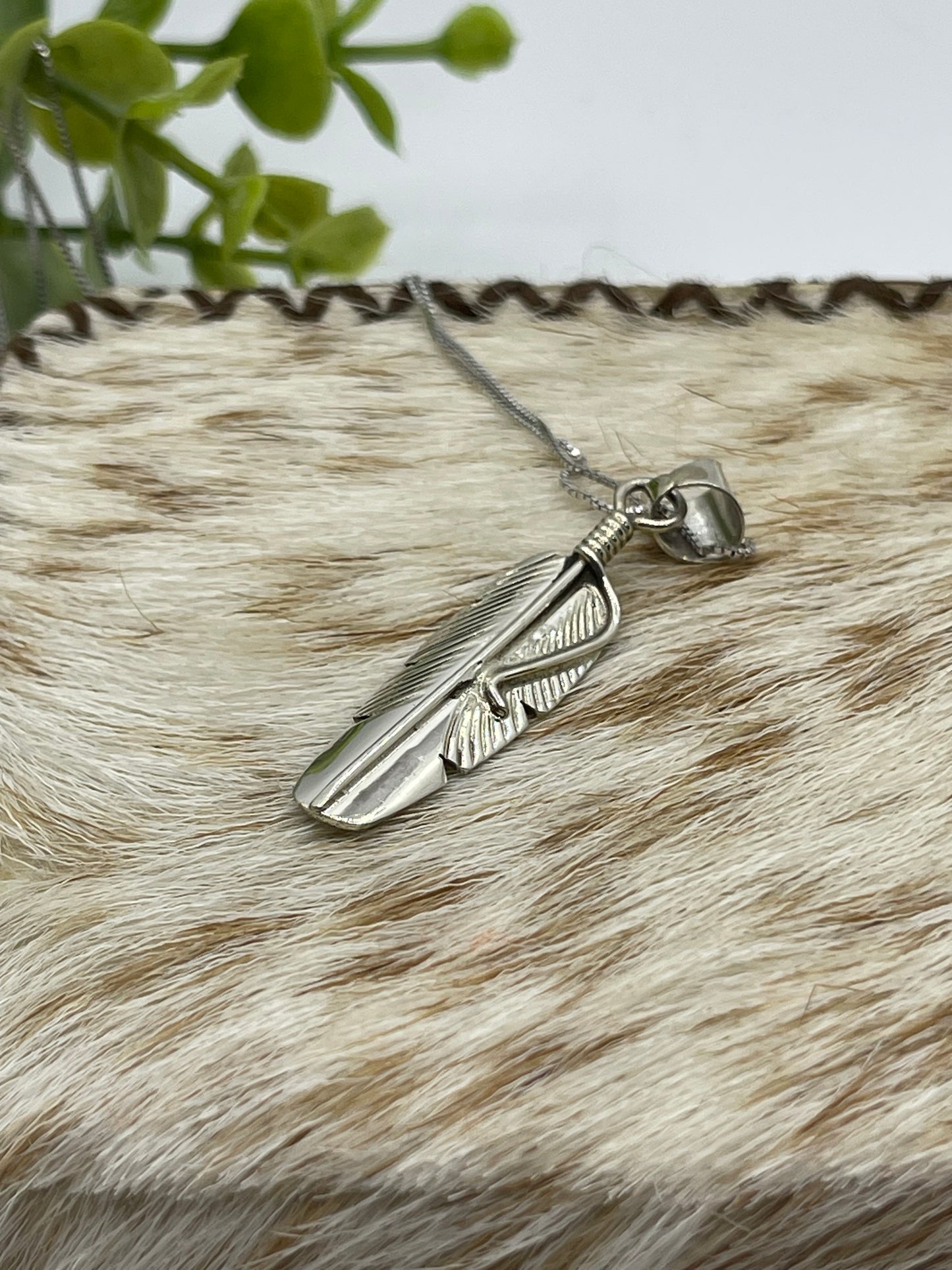 18" Sterling Silver Feather Pendant Necklace by Aaron Davis, Navajo