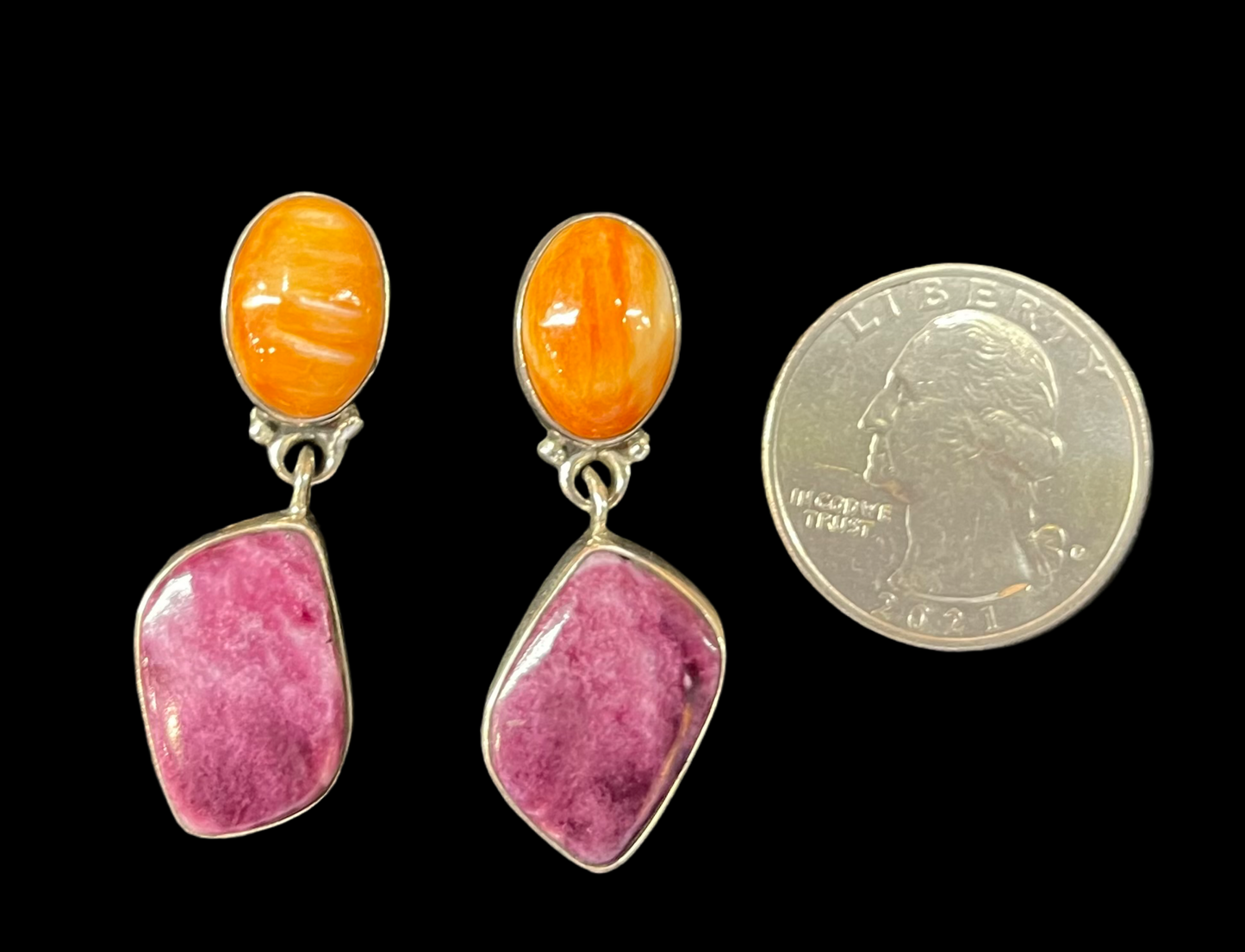 Purple and Orange Spiny Oyster Shell 2-Stone Post Dangle Earrings