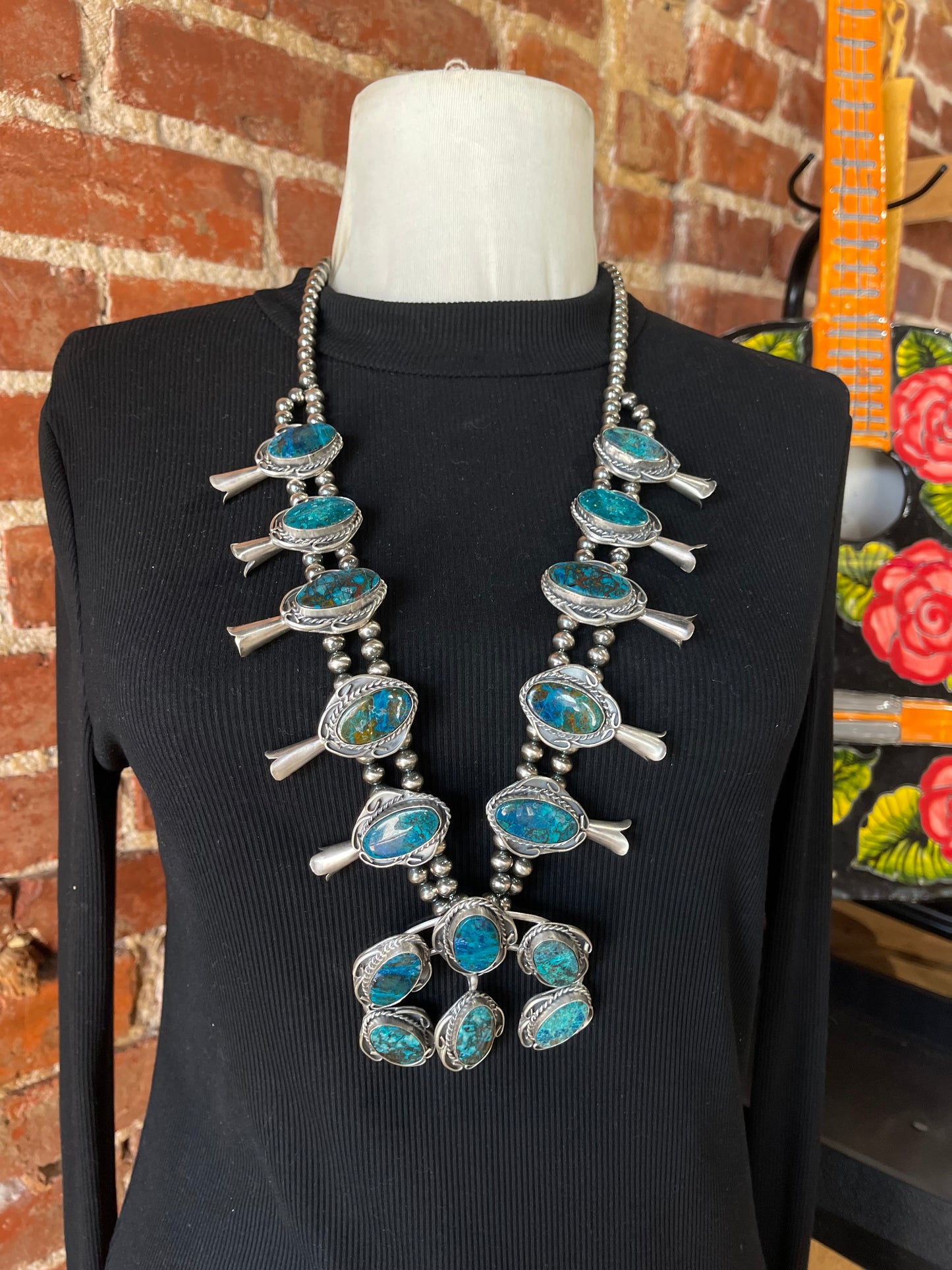 30" Azurite Chrysocolla Squash Blossom by Gilbert Nez, Navajo