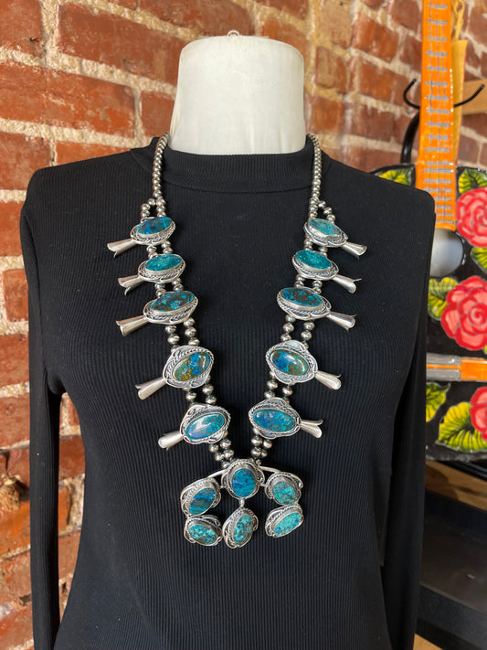 30" Azurite Chrysocolla Squash Blossom by Gilbert Nez, Navajo