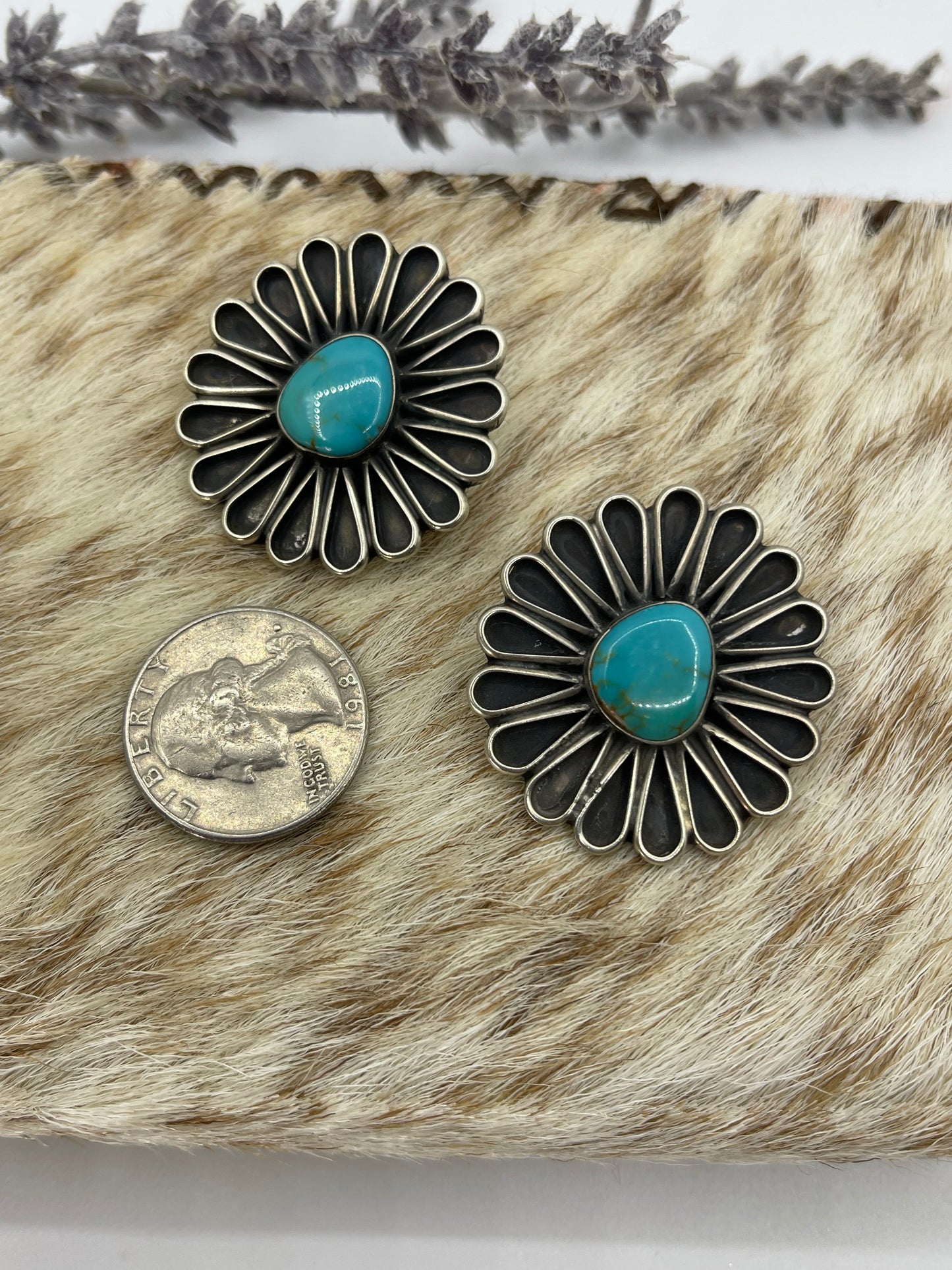 Turquoise Fan Flower Blossom Earrings by Geraldine James, Navajo