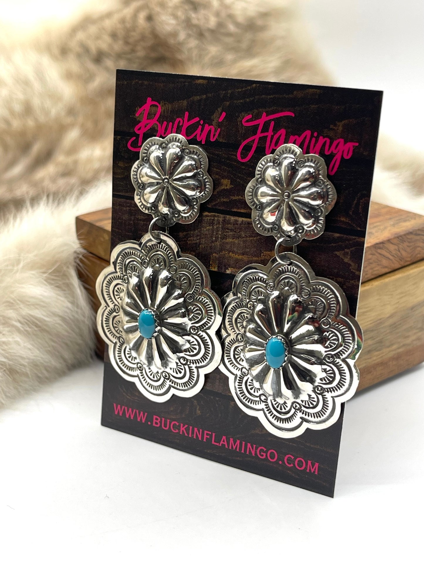 Double Concho Post Dangles with Turquoise by Genevieve Blackgoat, Navajo