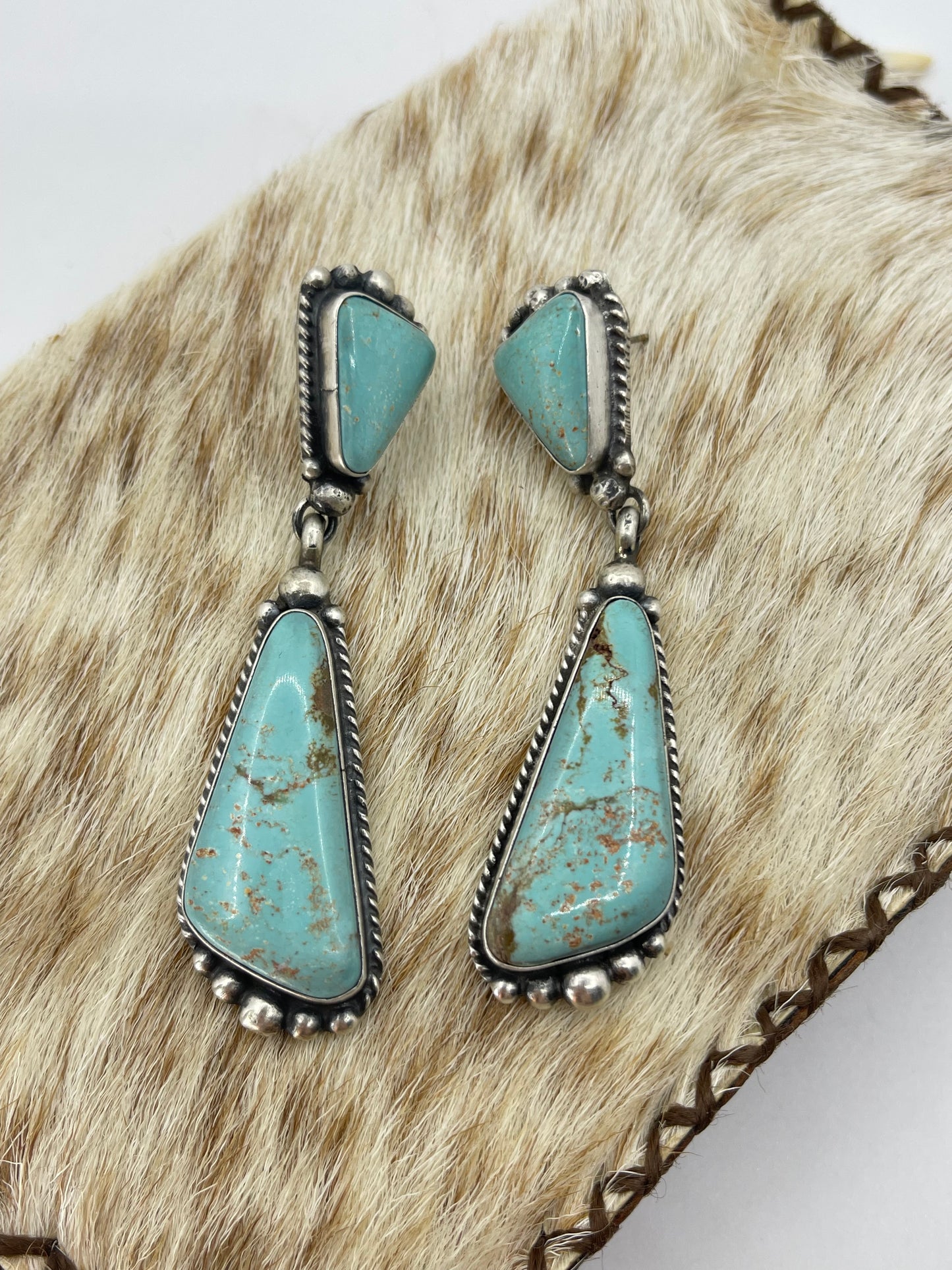 2 Stone Kingman Turquoise Drop Dangle Post Earrings by Elouise Kee, Navajo
