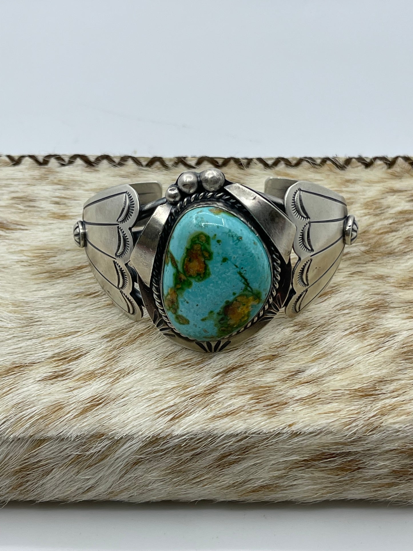 5 3/4"-7" Sonoran Gold Turquoise and Silver Cuff by Delbert Secatero, Navajo