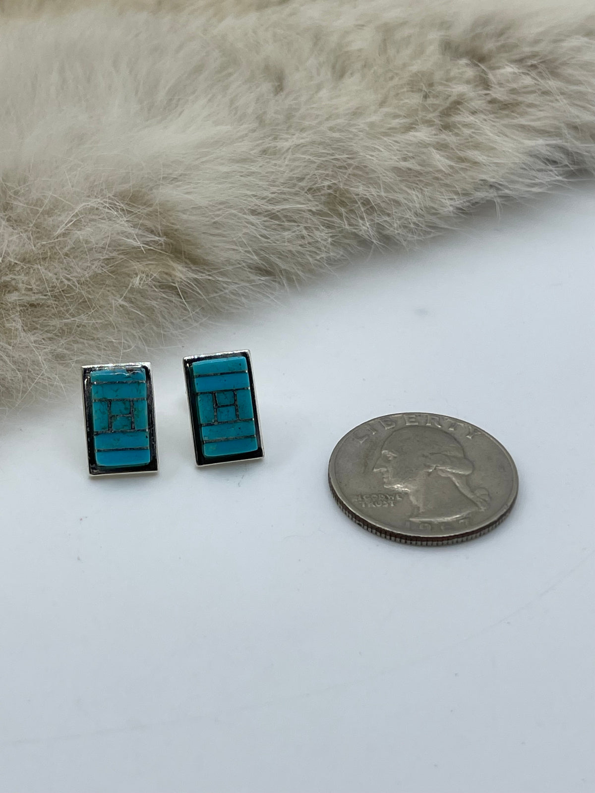 Inlay Turquoise Rectangle Post Earrings by Janelle Shebola, Zuni