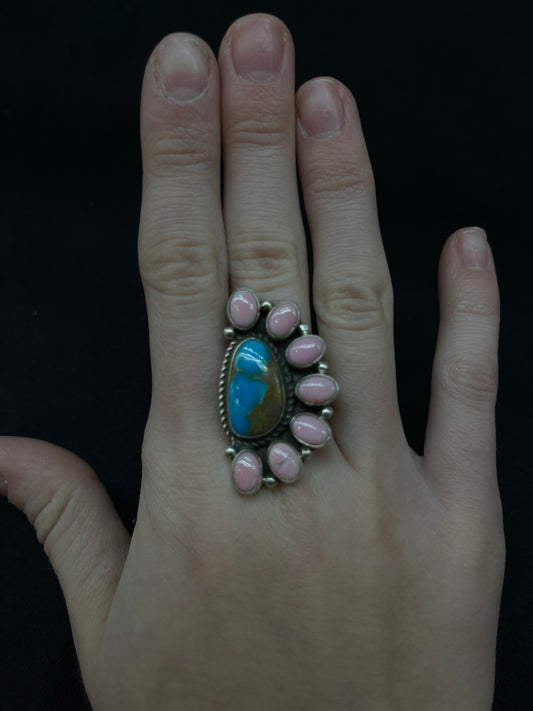 Adjustable Kingman Turquoise and Pink Conch Shell Half Cluster Ring by G. James, Navajo