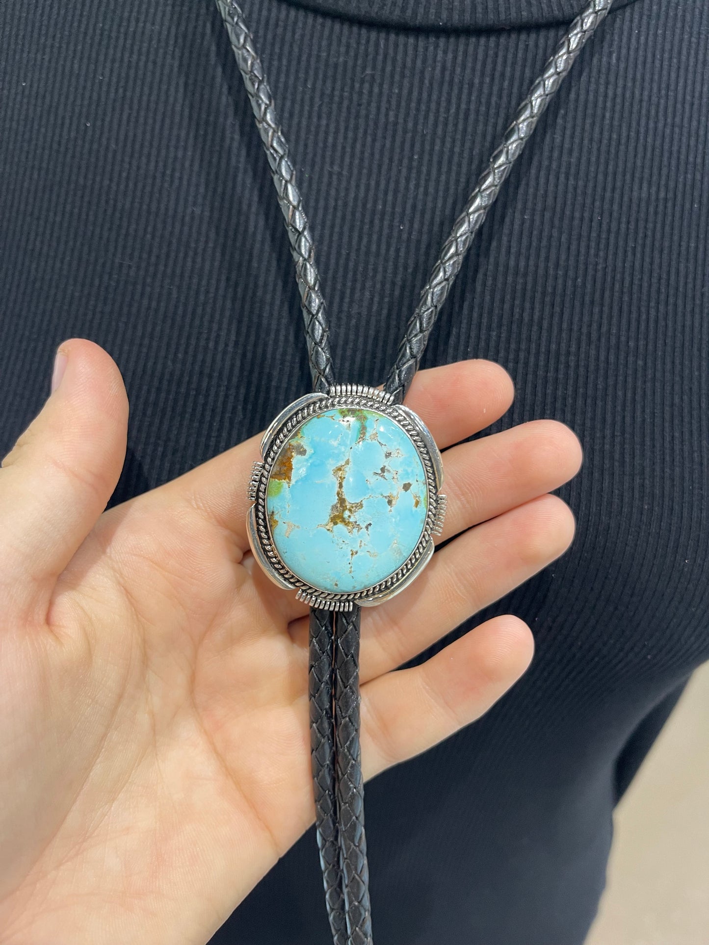 High Grade Kingman Turquoise Bolo by Joelias Draper, Navajo