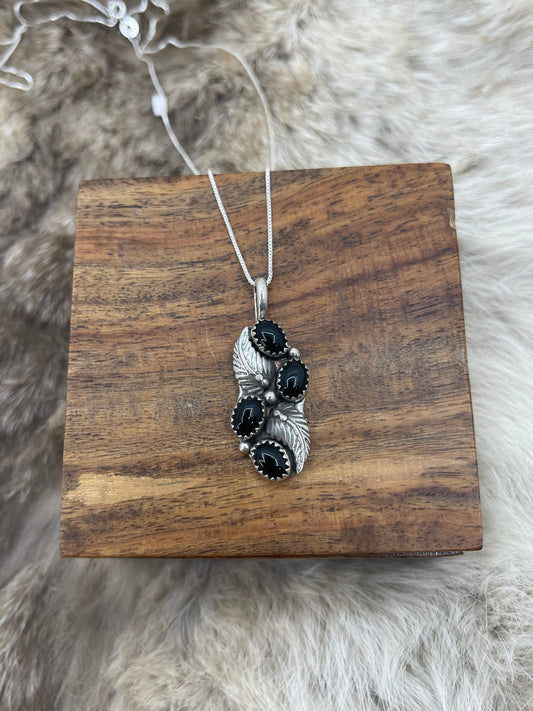 4 Stone Black Onyx Pendant on 18" Chain by Annie Spencer, Navajo