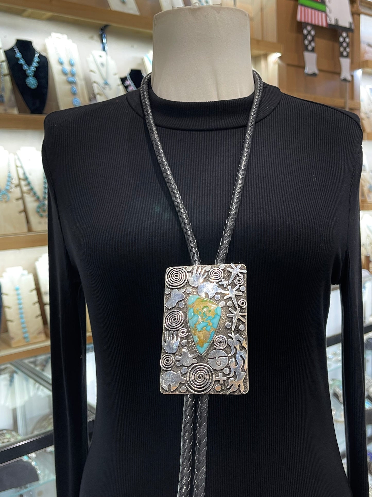 Sonoran Gold Turquoise and Petroglyph Bolo Tie by Alex Sanchez, Navajo