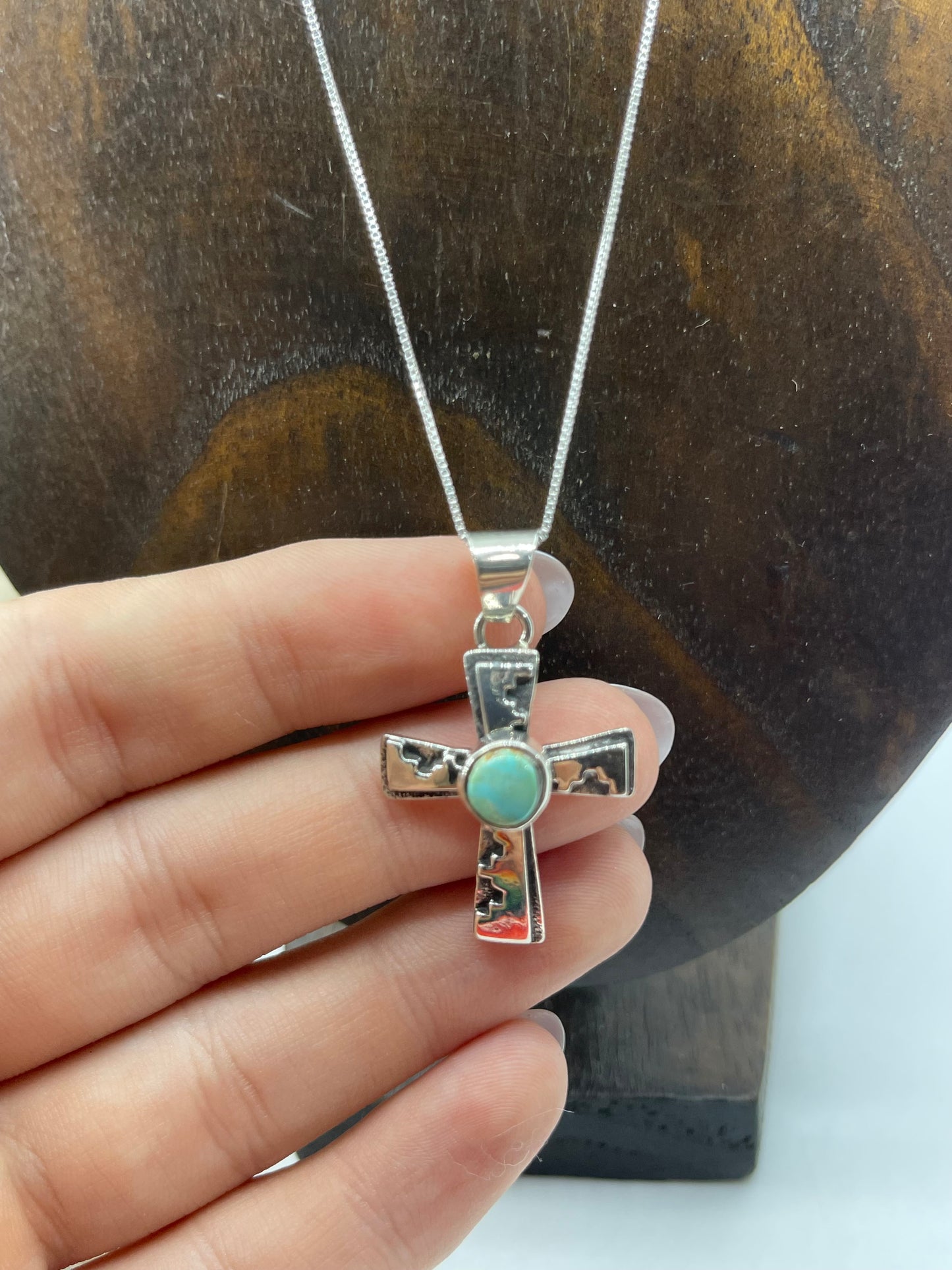 18" Silver Overlay Cross with Design & Turquoise, Navajo Made