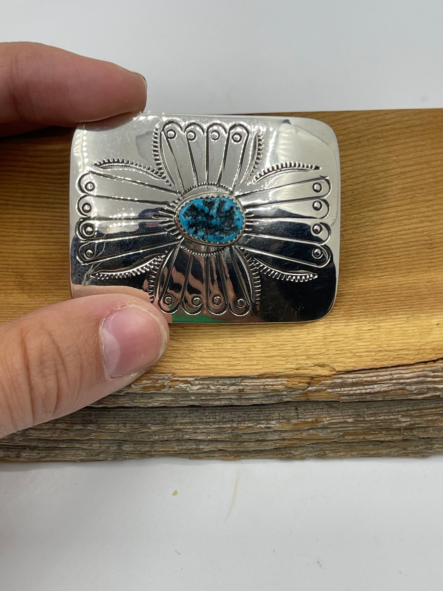 Small Silver Stamped Belt Buckle with Turquoise Stone by Jolene Begay, Navajo