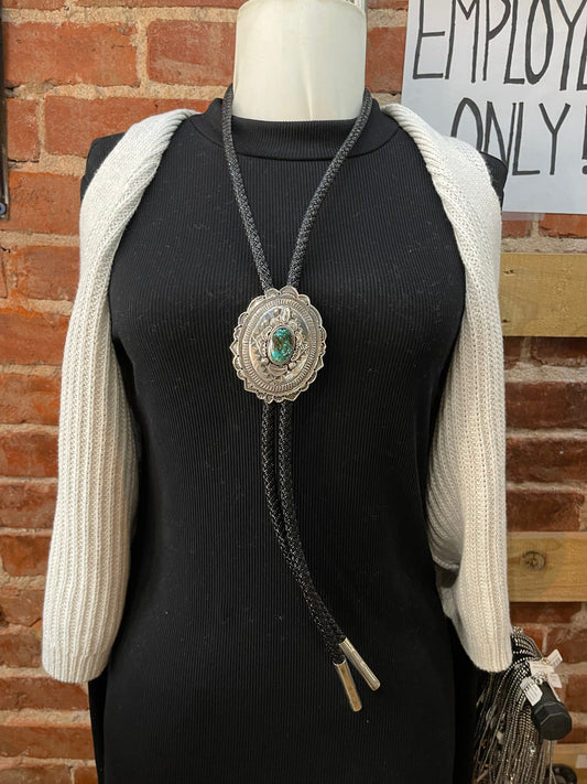 Concho High Grade Kingman Spiderweb Turquoise Bolo Tie by Leonard Maloney, Navajo