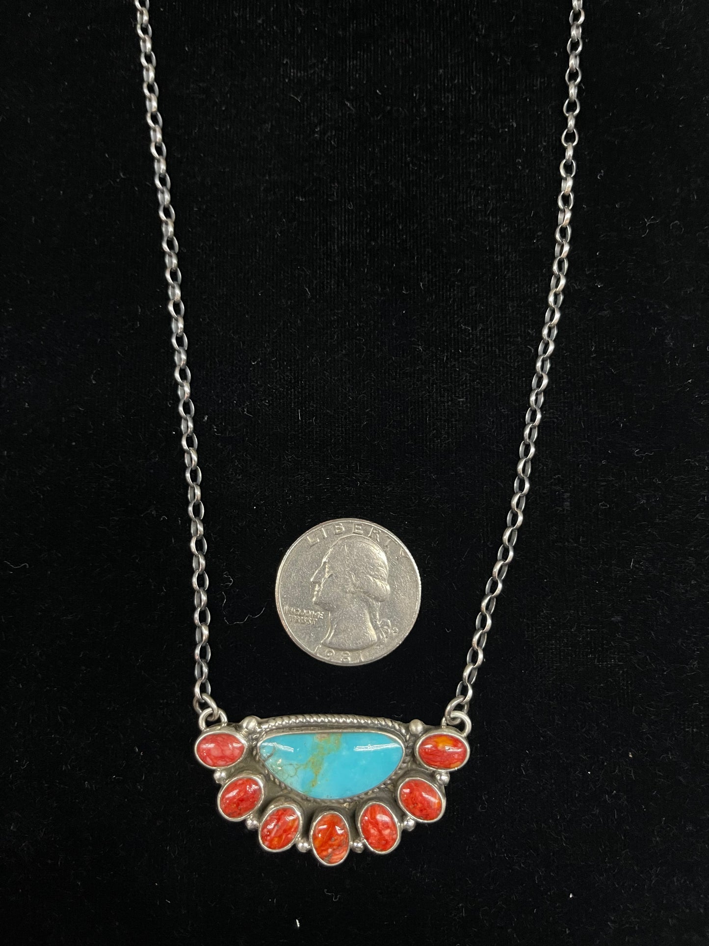 Red Spiny Oyster and Turquoise Half Cluster Necklace