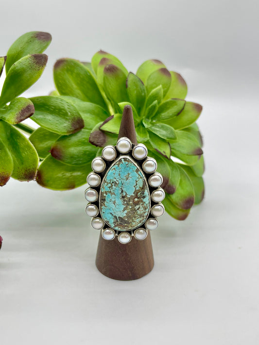 Adjustable Teardrop Kingman Turquoise And Freshwater Pearl Ring