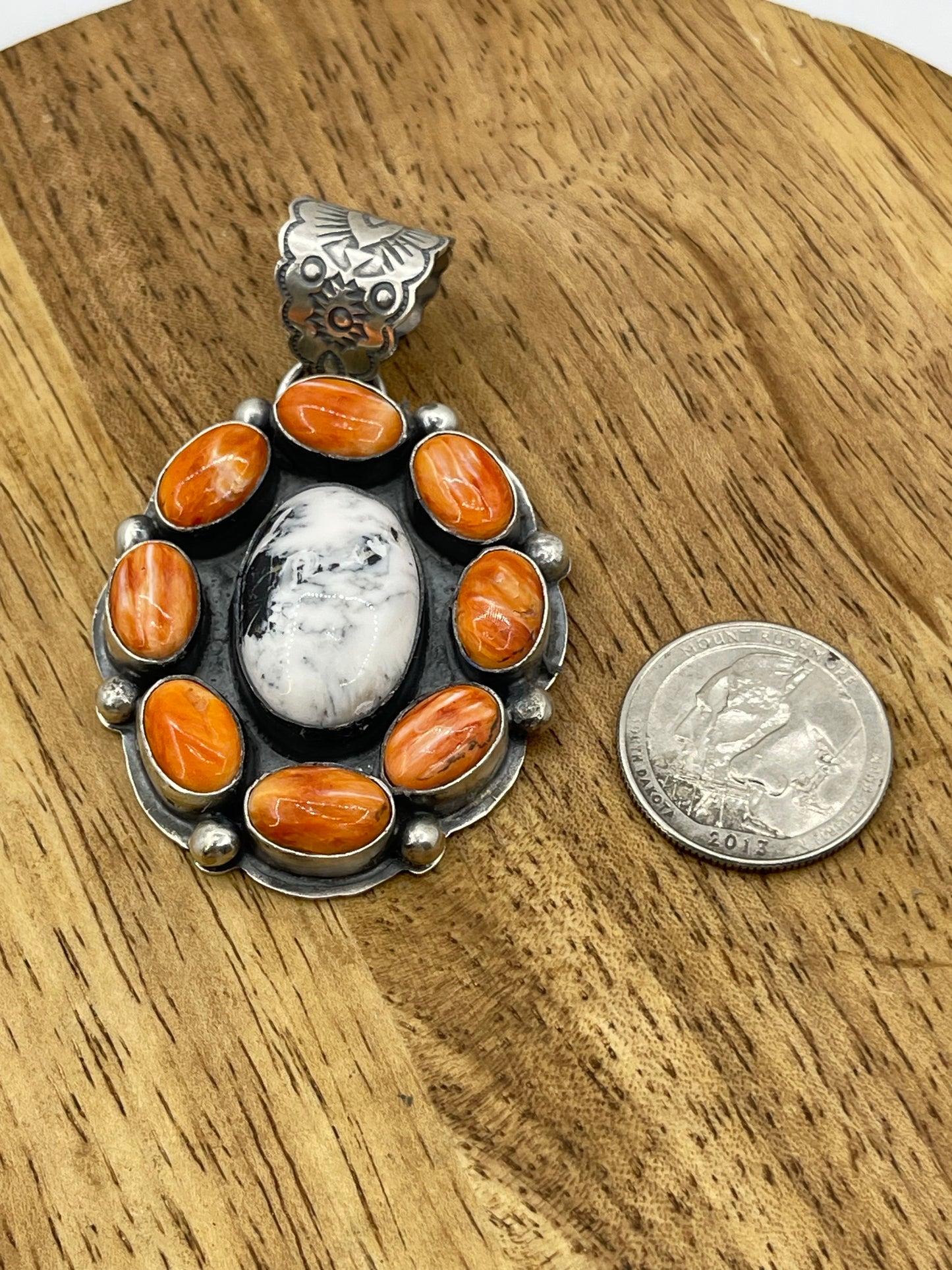 Orange Spiny and White Buffalo Cluster Pendant with a 11mm Bale by Boyd Ashley, Navajo
