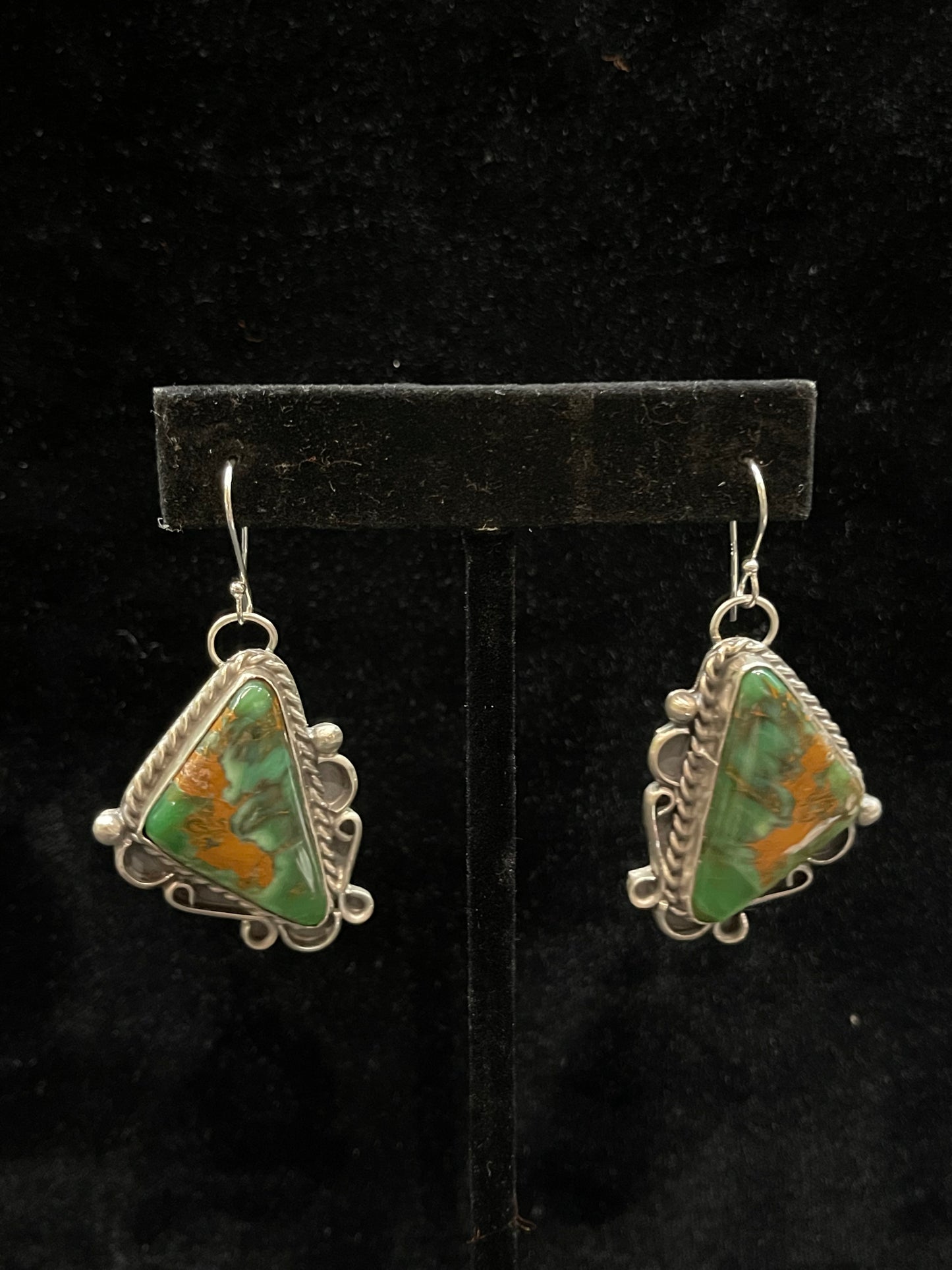 Mantis Turquoise Triangle Dangle Earrings by Terrell Nez, Sr. Navajo