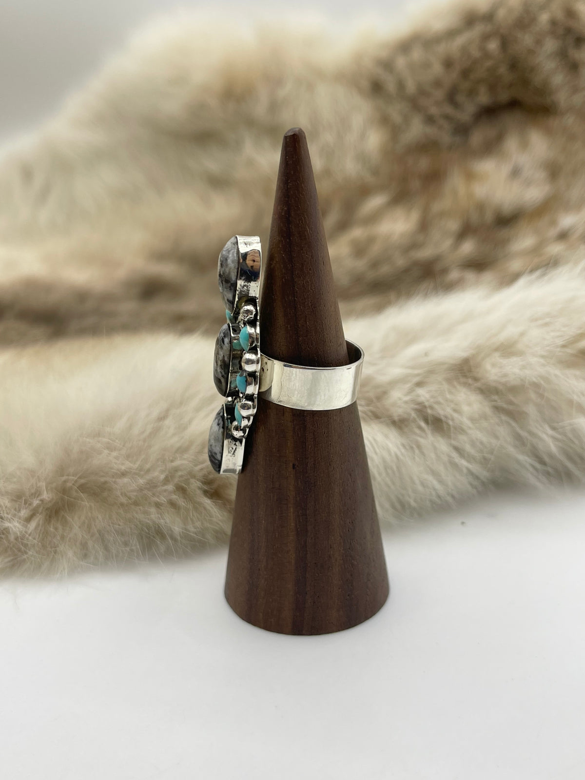 7.0 White Buffalo & Sleeping Beauty Turquoise Ring by David Lopez, Navajo